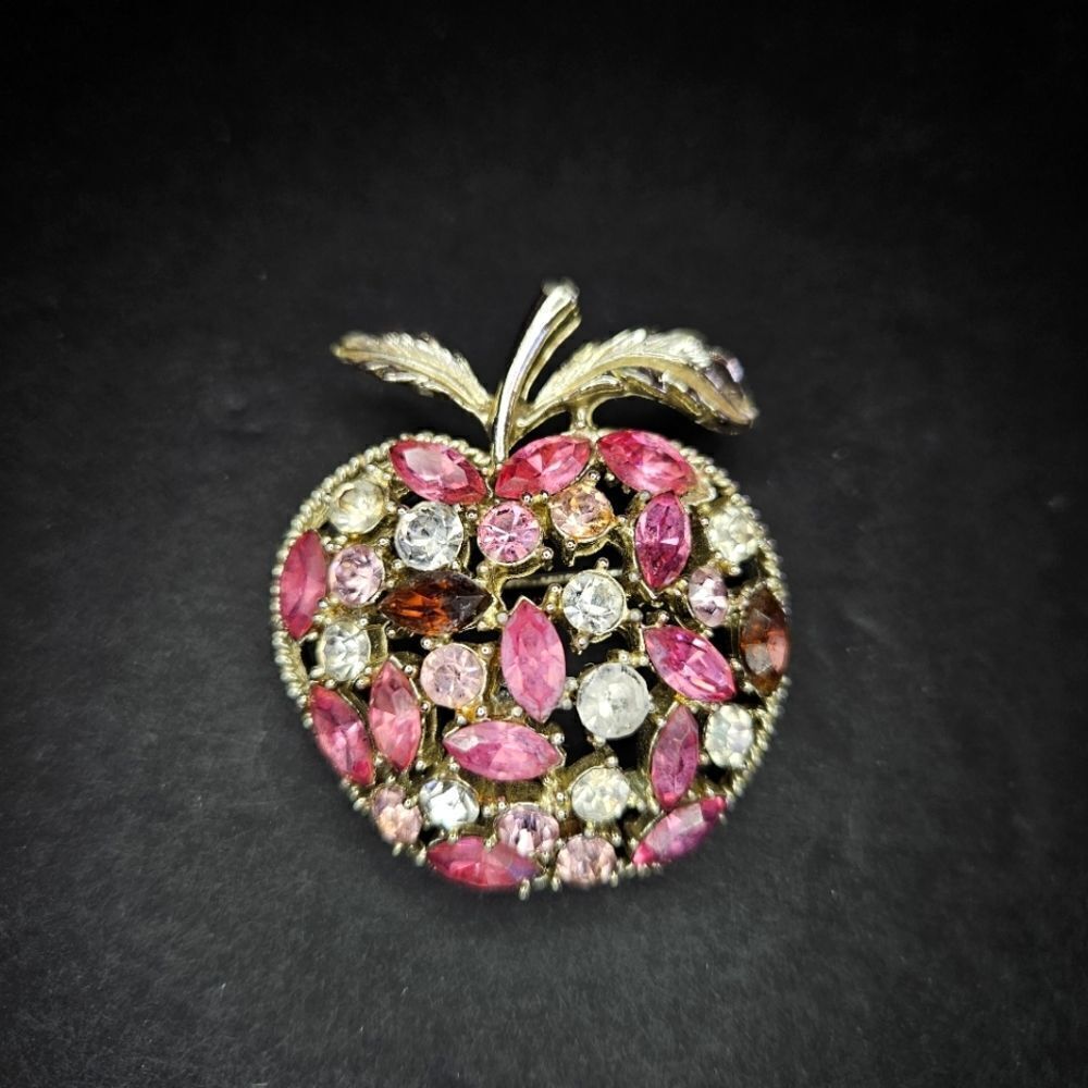 Vintage 1960's Signed Coro Pink Rhinestone Silver Tone Apple Brooch Pin
